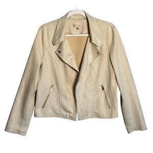 Philosophy Sz L Faux Suede Moto Jacket Coatigan Neutral SOFT waterfall stretch
